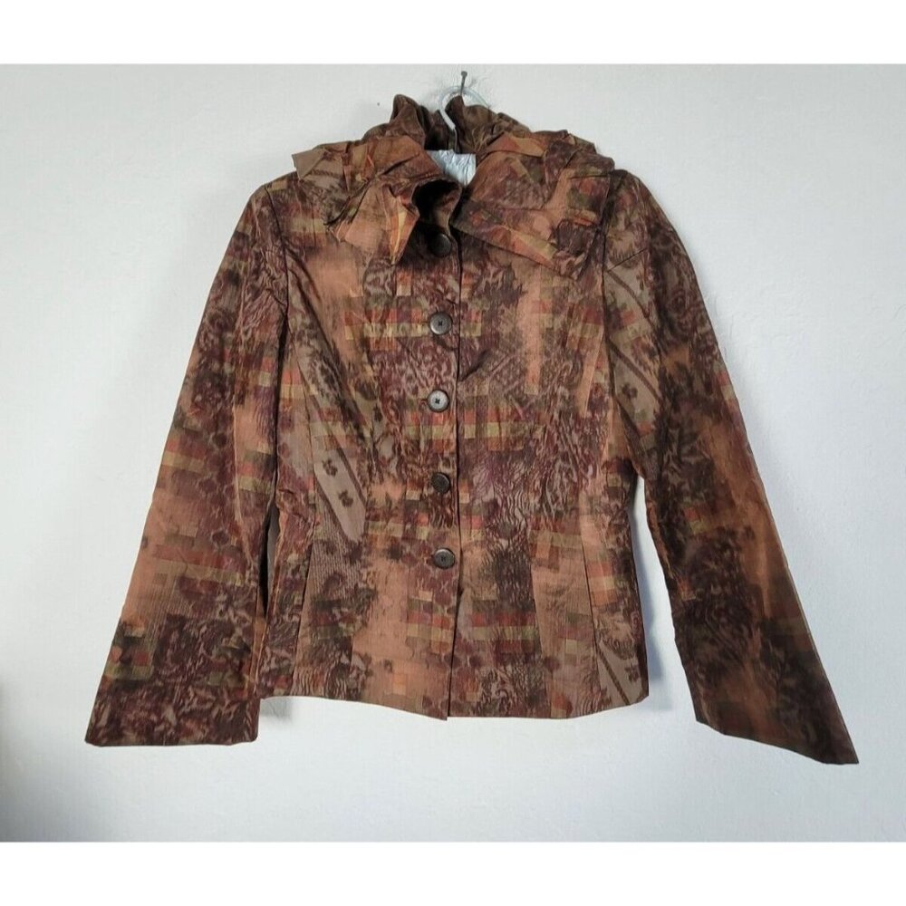 Dana Buchman Womens Ruffle Collar Bell Sleeve Jacket Size 2 Brown Printed Lined